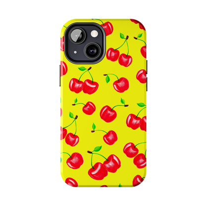 Tossed Red Watercolor Cherries Illustrated Pattern Bright Yellow Tough Phone Case | Various Models