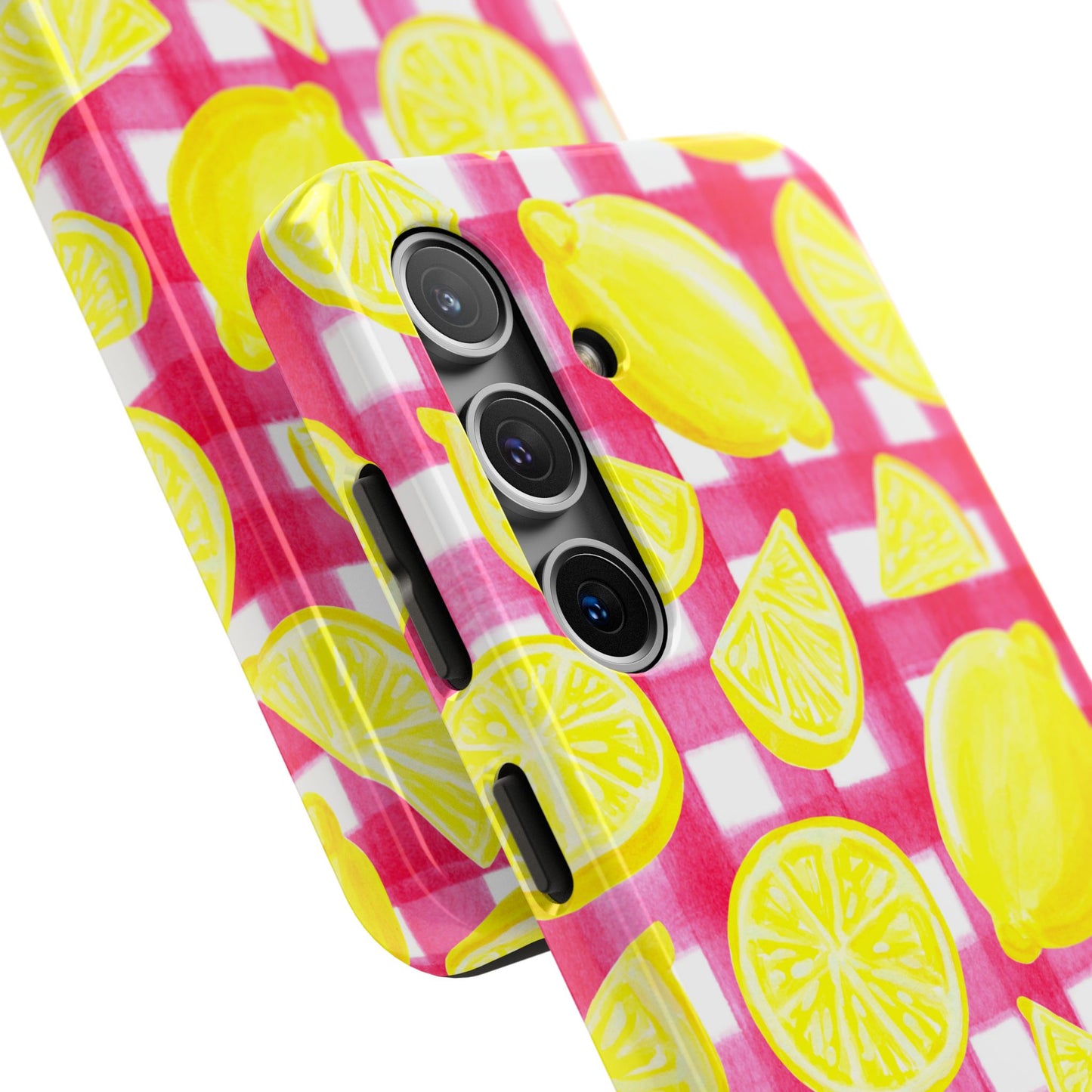 Yellow Lemons & Hot Pink Gingham Watercolor Illustrated Tough Phone Case | Various Models Available