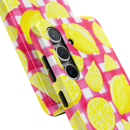 Yellow Lemons & Hot Pink Gingham Watercolor Illustrated Tough Phone Case | Various Models Available