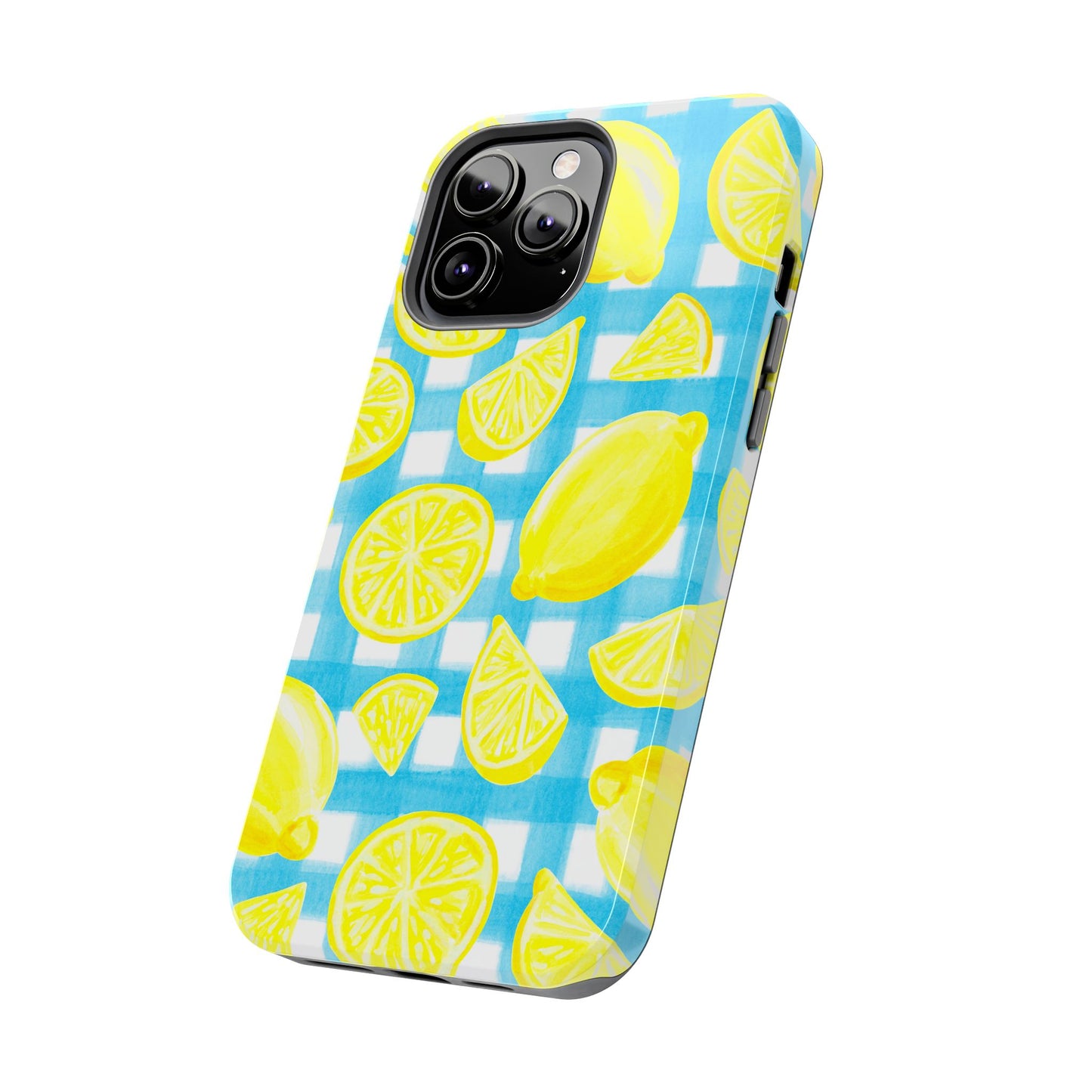 Yellow Lemons & Turquoise Gingham Watercolor Illustrated Tough Phone Case | Various Models Available