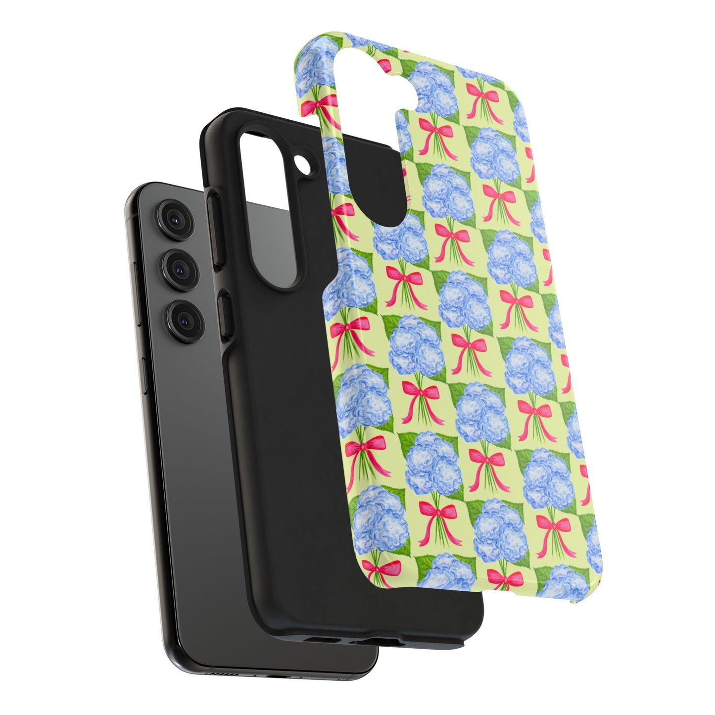 Blue Watercolor Hydrangea Bouquets with Hot Pink Bows Illustrated Patterned Yellow Preppy Grand Millenial Tough Phone Case | Various Models
