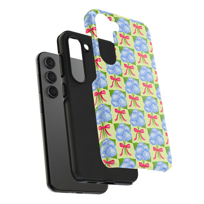 Blue Watercolor Hydrangea Bouquets with Hot Pink Bows Illustrated Patterned Yellow Preppy Grand Millenial Tough Phone Case | Various Models