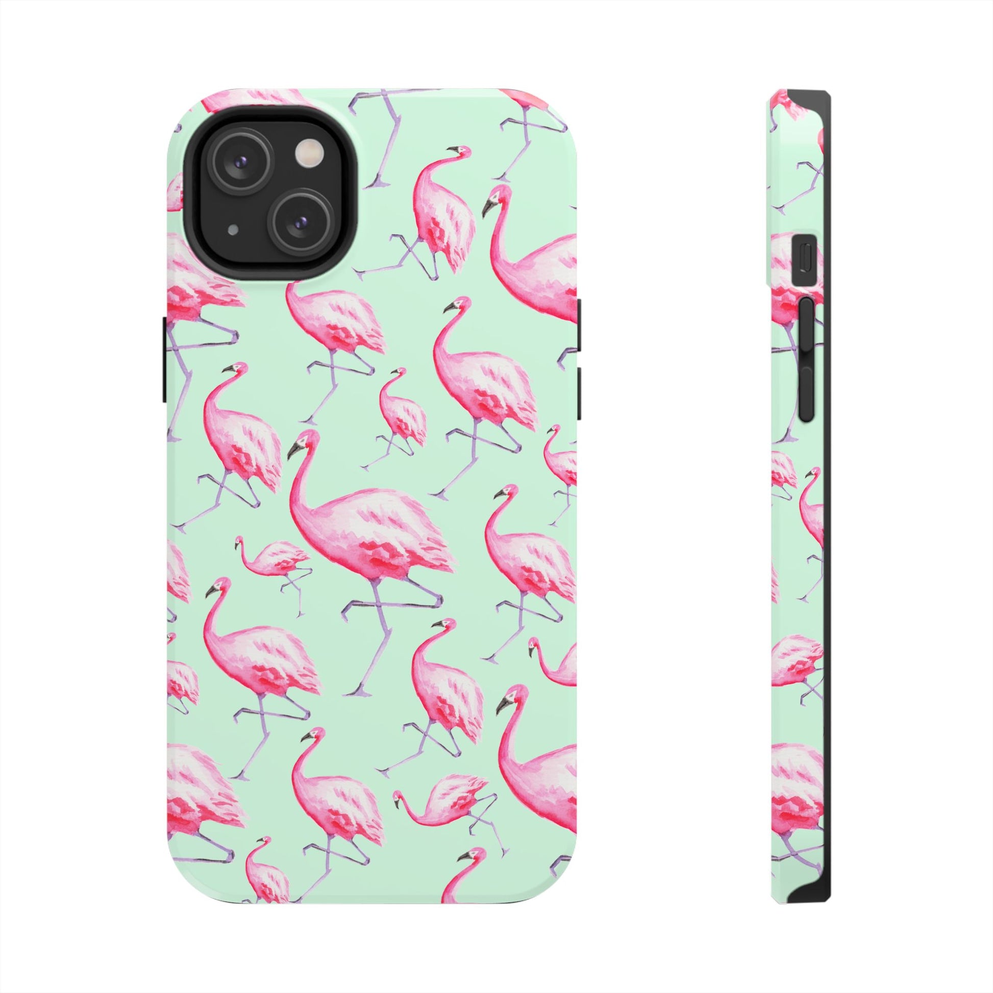 Pink Flamingos Watercolor Illustrated Tossed Pattern Green Phone Case | Various Models iPhone 14 Plus