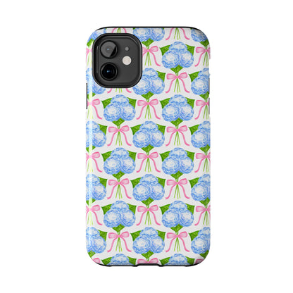 Blue Watercolor Hydrangea Bouqets with Light Pink Bows Watercolor Illustrated Patterned Tough Phone Case | Various Models