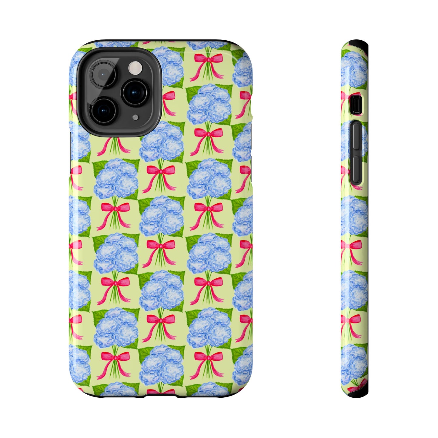 Blue Watercolor Hydrangea Bouquets with Hot Pink Bows Illustrated Patterned Yellow Preppy Grand Millenial Tough Phone Case | Various Models