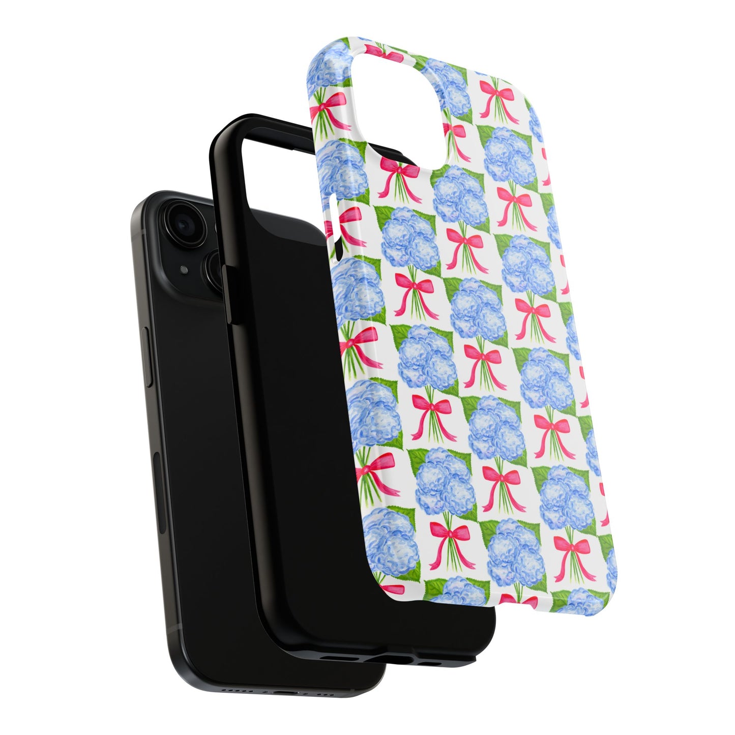 Blue Watercolor Hydrangea Bouquets with Hot Pink Bows Illustrated Patterned Tough Phone Case | Various Models