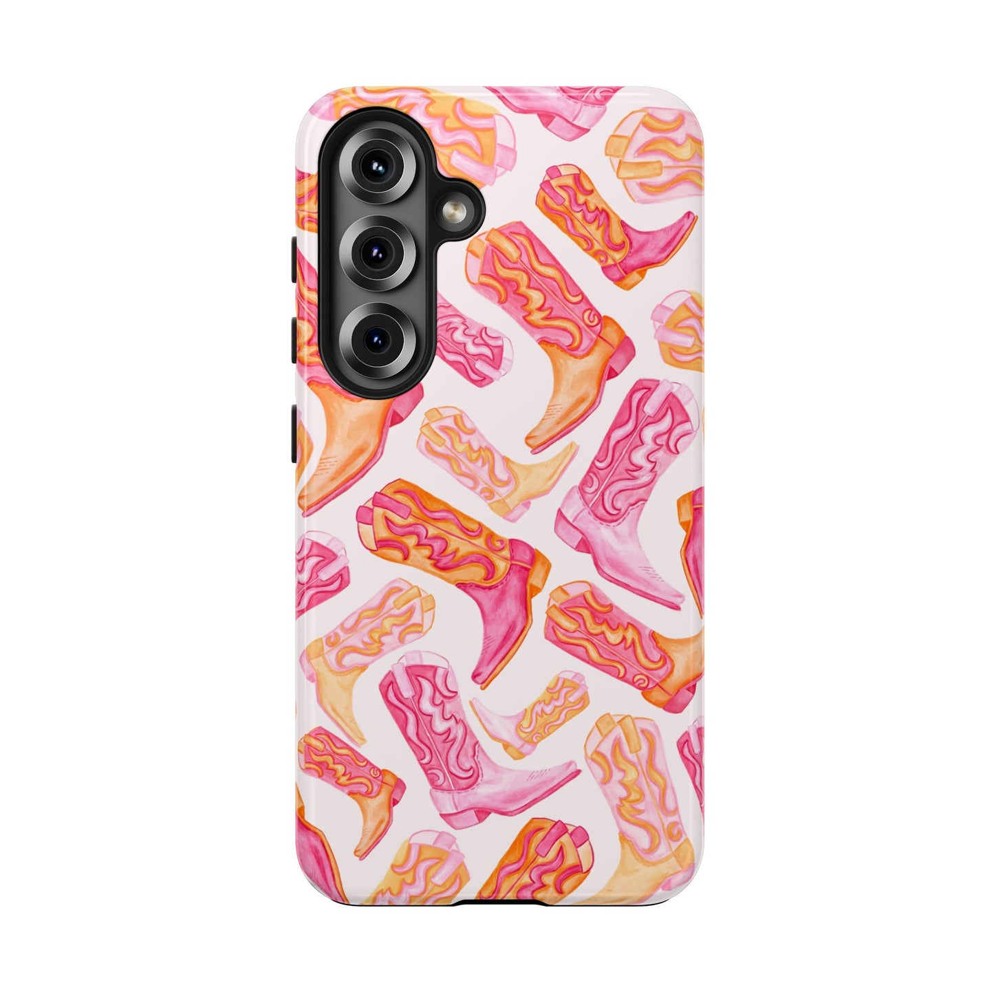 Tossed Hot Pink & Orange Watercolor Cowboy Boots Tough Light Pink Phone Case | Various Models Available Samsung Galaxy S25