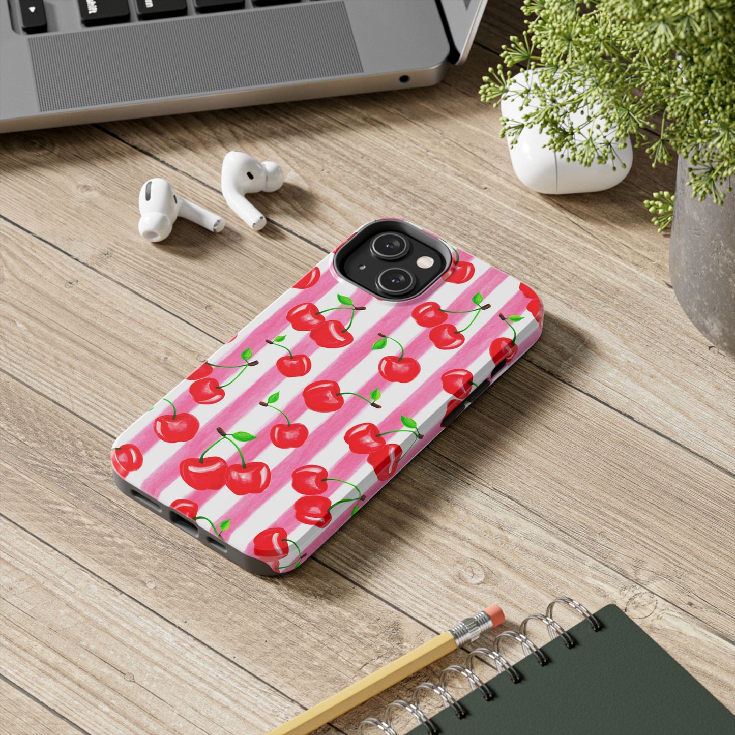 Tossed Red Watercolor Cherries Illustrated Pattern Light Pink Stripes Tough Phone Case | Various Models