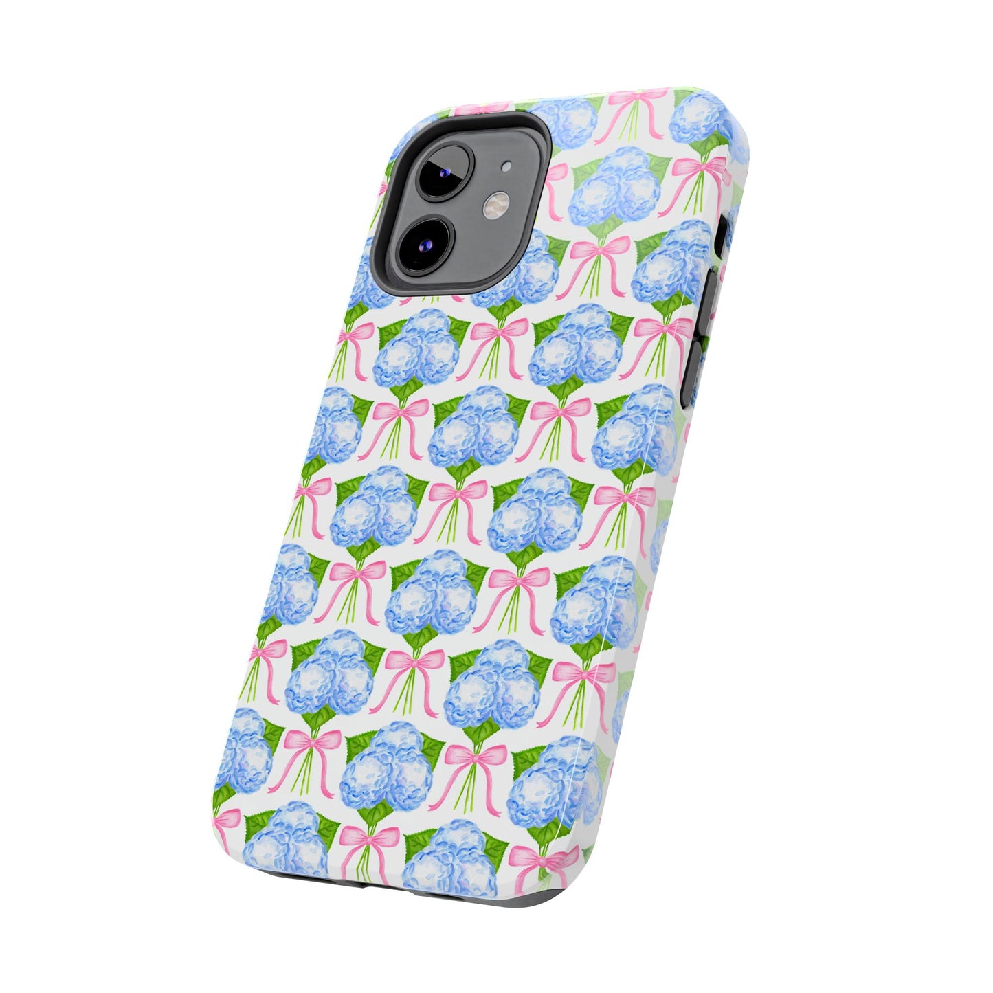 Blue Watercolor Hydrangea Bouqets with Light Pink Bows Watercolor Illustrated Patterned Tough Phone Case | Various Models