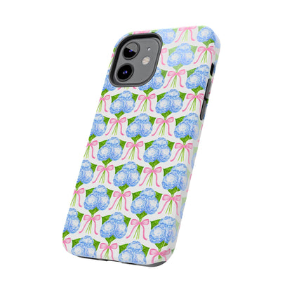 Blue Watercolor Hydrangea Bouqets with Light Pink Bows Watercolor Illustrated Patterned Tough Phone Case | Various Models