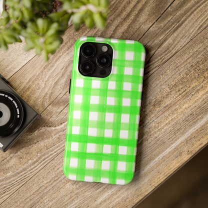 Lime Green Gingham Watercolor Illustrated Tough Phone Case | Various Models Available