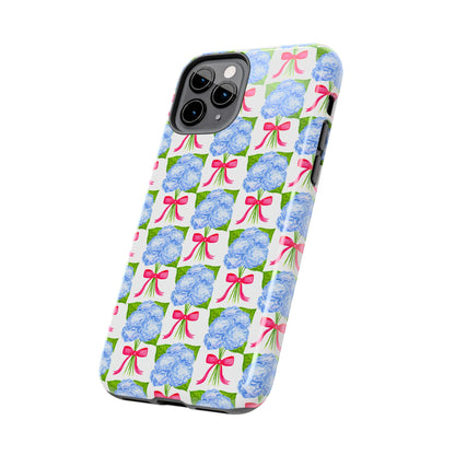 Blue Watercolor Hydrangea Bouquets with Hot Pink Bows Illustrated Patterned Tough Phone Case | Various Models