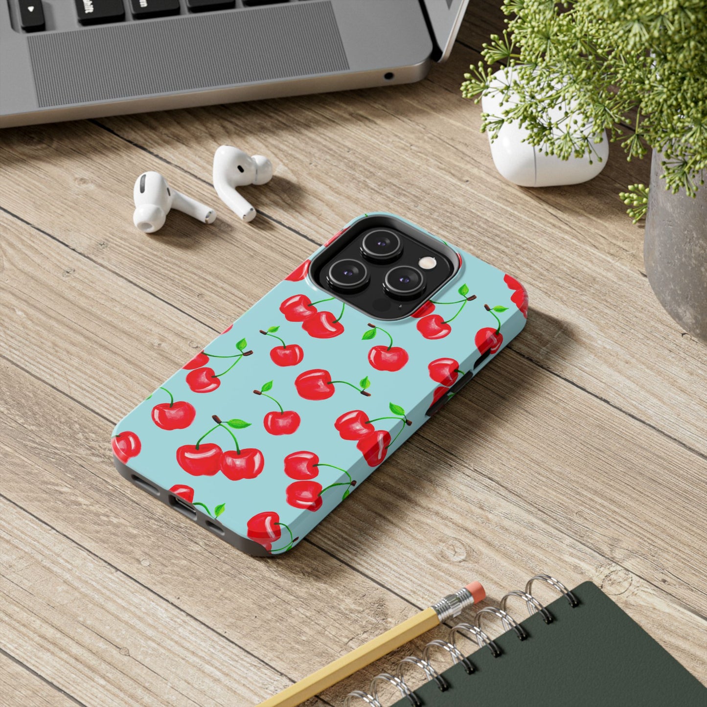 Tossed Red Watercolor Cherries Illustrated Pattern Bright Blue Tough Phone Case | Various Models