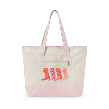 Row of Hot Pink & Orange Cowboy Boots Watercolor Printed Zippered Canvas Tote 18" x 14" | Various Colors