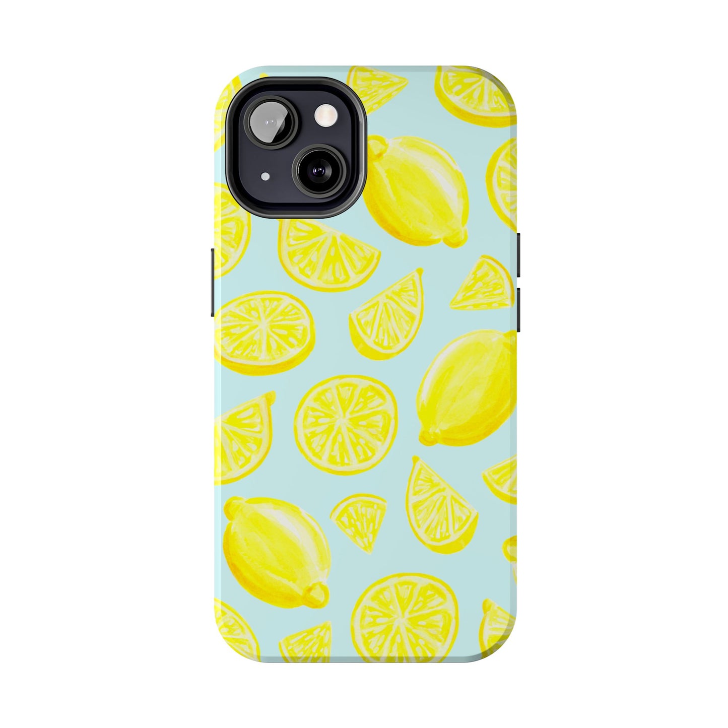 Bright Yellow Lemons Watercolor Illustrated Tossed Pattern Light Blue Tough Phone Case | Various Models