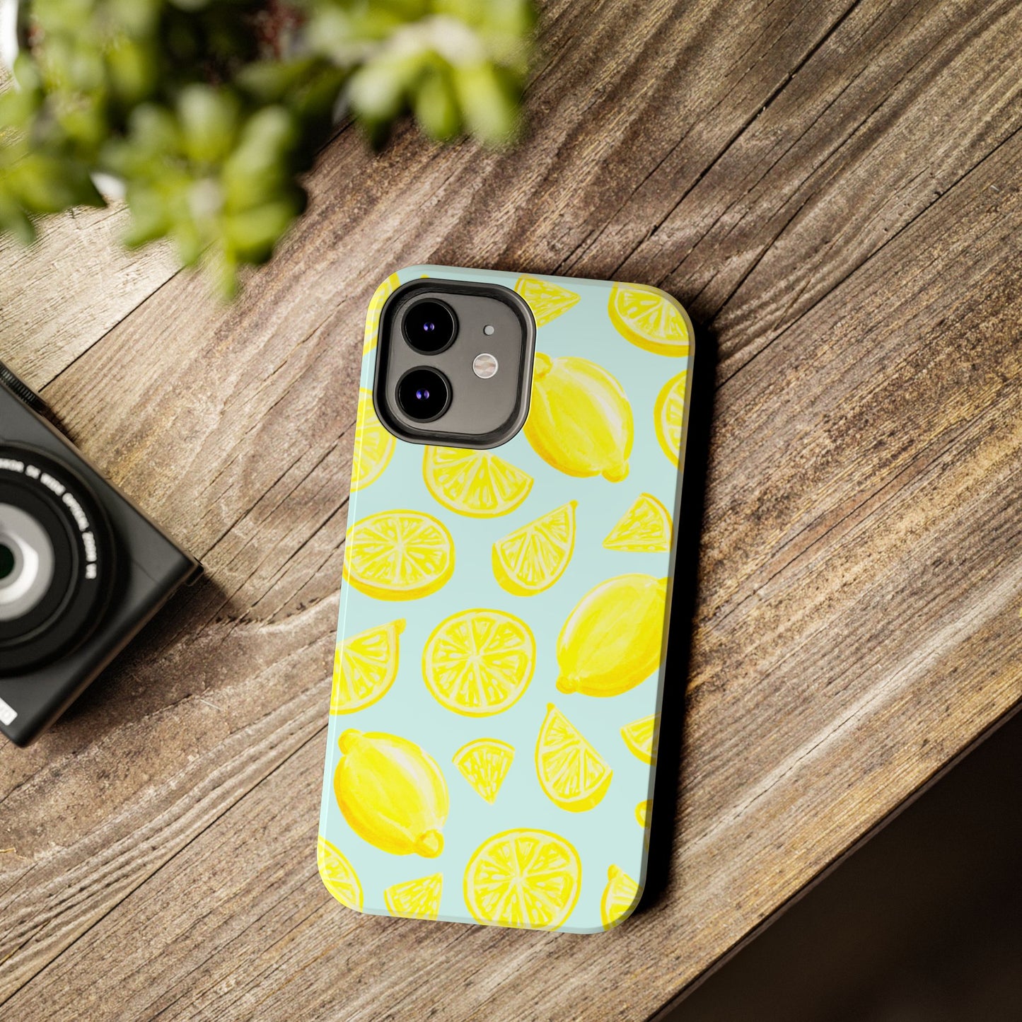 Bright Yellow Lemons Watercolor Illustrated Tossed Pattern Light Blue Tough Phone Case | Various Models