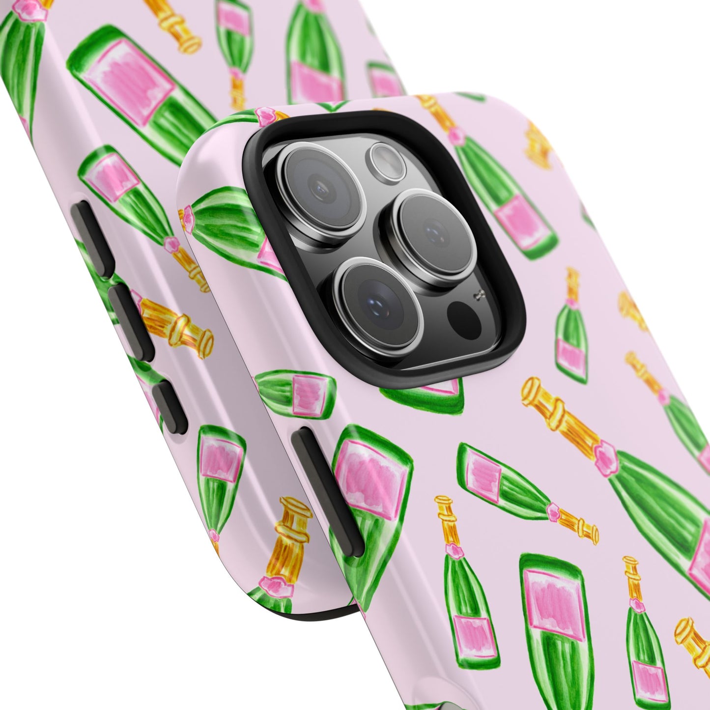Tossed Pink and Green Watercolor Illustrated Champagne Bottles Pattern Blush Pink Tough Phone Case | Various Models