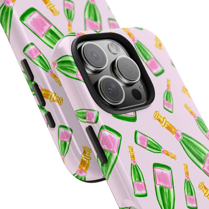 Tossed Pink and Green Watercolor Illustrated Champagne Bottles Pattern Blush Pink Tough Phone Case | Various Models
