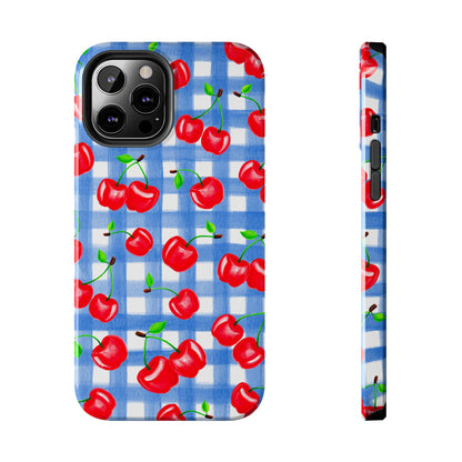 Tossed Red Watercolor Illustrated Cherries Light Blue Gingham Tough Phone Case | Various Models