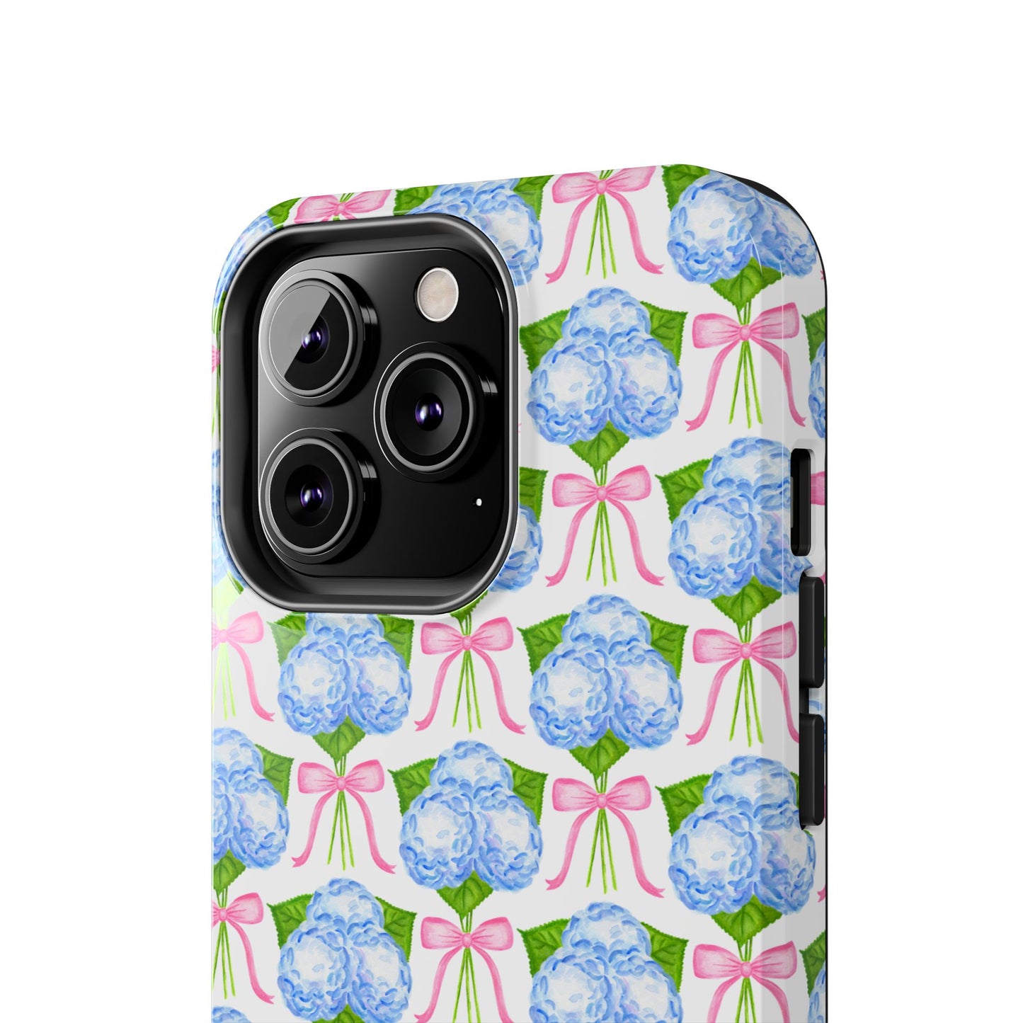 Blue Watercolor Hydrangea Bouqets with Light Pink Bows Watercolor Illustrated Patterned Tough Phone Case | Various Models