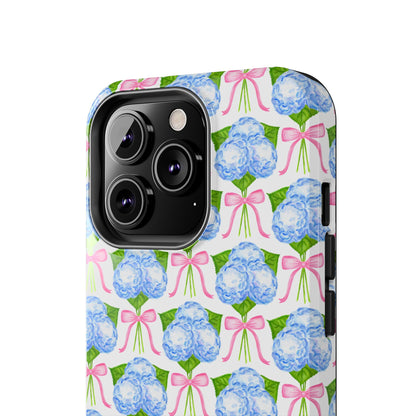 Blue Watercolor Hydrangea Bouqets with Light Pink Bows Watercolor Illustrated Patterned Tough Phone Case | Various Models