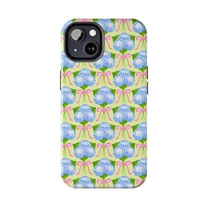 Blue Watercolor Hydrangea Bouquets with Light Pink Bows Watercolor Illustrated Patterned Yellow Tough Phone Case | Various Models