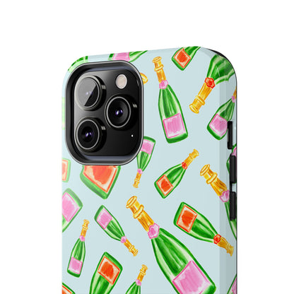 Tossed Pink and Green & Orange and Green Watercolor Illustrated Champagne Bottles Pattern Light Blue Tough Phone Case | Various Models