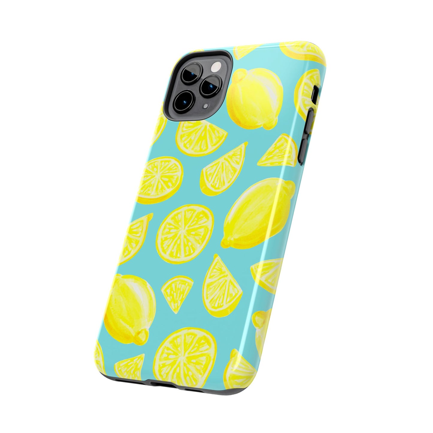 Bright Yellow Lemons Watercolor Illustrated Tossed Pattern Turquoise Blue Tough Phone Case | Various Models