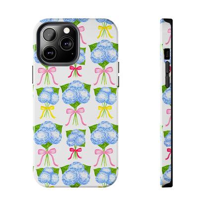 Blue Hydrangeas with Hot Pink, Yellow, Light Pink Bows Watercolor Illustrated Patterned Tough Phone Case | Various Models
