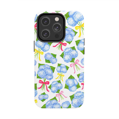 Blue Watercolor Hydrangea Bunches with Hot Pink, Yellow, Light Pink Bows Illustrated Patterned Tough Phone Case | Various Models