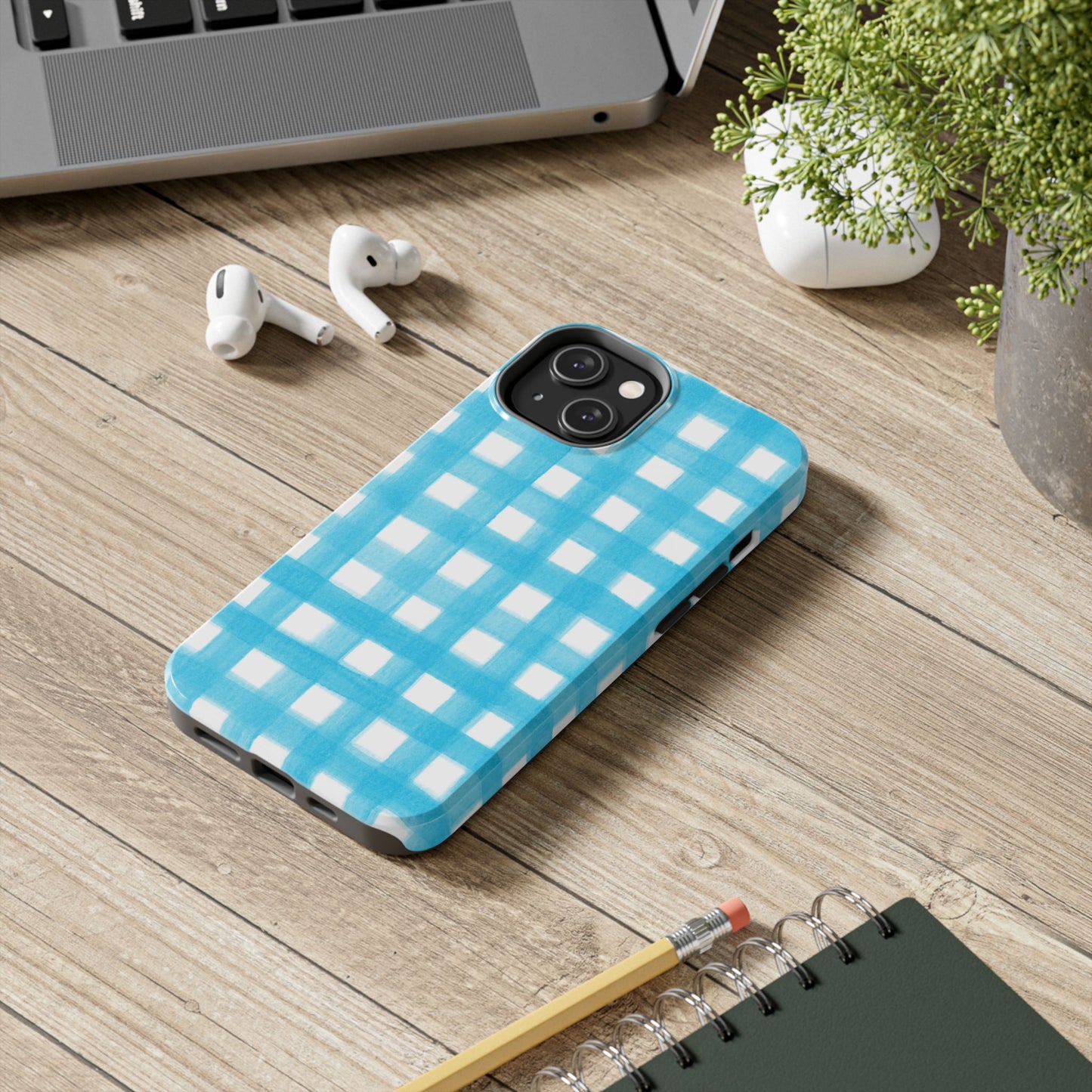 Turquoise Gingham Watercolor Illustrated Tough Phone Case | Various Models Available