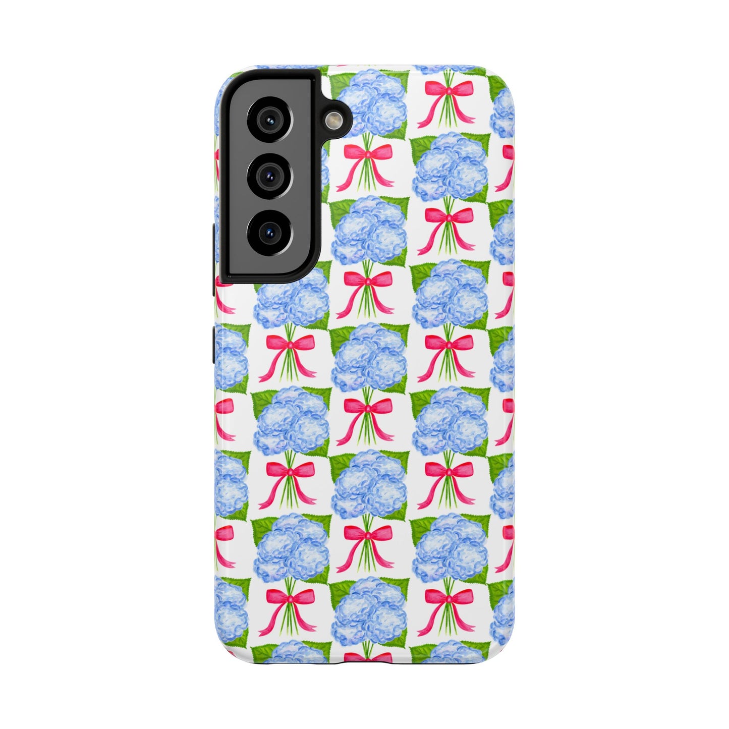 Blue Watercolor Hydrangea Bouquets with Hot Pink Bows Illustrated Patterned Tough Phone Case | Various Models