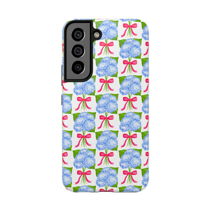 Blue Watercolor Hydrangea Bouquets with Hot Pink Bows Illustrated Patterned Tough Phone Case | Various Models