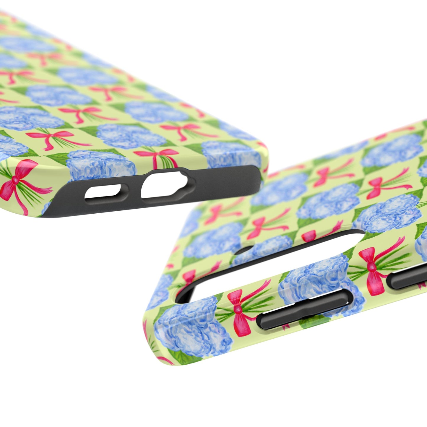 Blue Watercolor Hydrangea Bouquets with Hot Pink Bows Illustrated Patterned Yellow Preppy Grand Millenial Tough Phone Case | Various Models
