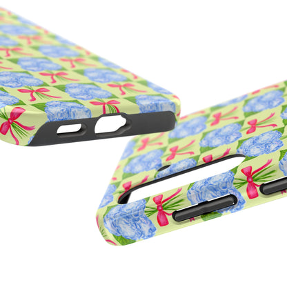 Blue Watercolor Hydrangea Bouquets with Hot Pink Bows Illustrated Patterned Yellow Preppy Grand Millenial Tough Phone Case | Various Models