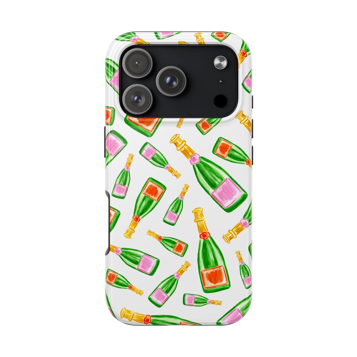 Tossed Pink and Green & Orange and Green Watercolor Illustrated Champagne Bottles Pattern Tough Phone Case | Various Models