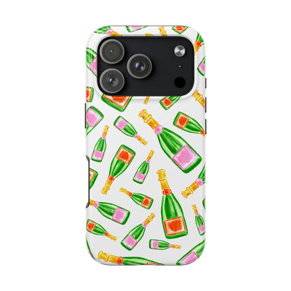 Tossed Pink and Green & Orange and Green Watercolor Illustrated Champagne Bottles Pattern Tough Phone Case | Various Models
