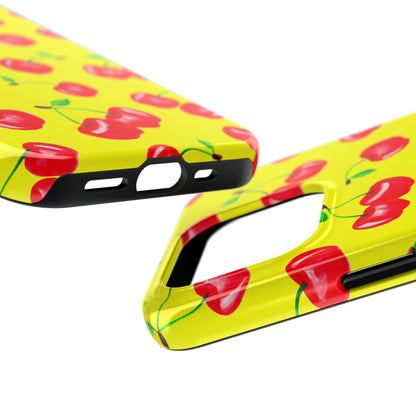Tossed Red Watercolor Cherries Illustrated Pattern Bright Yellow Tough Phone Case | Various Models