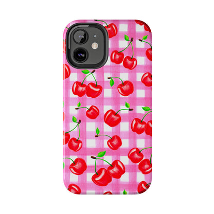 Tossed Red Watercolor Cherries Illustrated Pattern Light Pink Gingham Tough Phone Case | Various Models