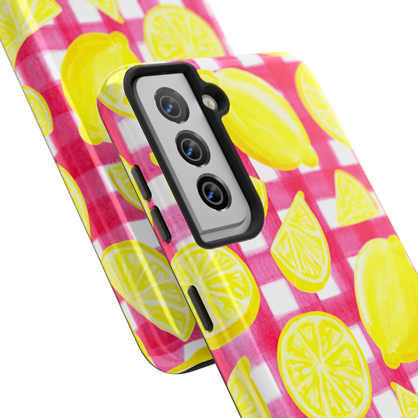 Yellow Lemons & Hot Pink Gingham Watercolor Illustrated Tough Phone Case | Various Models Available