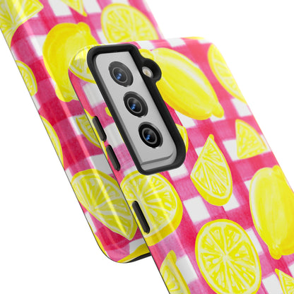Yellow Lemons & Hot Pink Gingham Watercolor Illustrated Tough Phone Case | Various Models Available