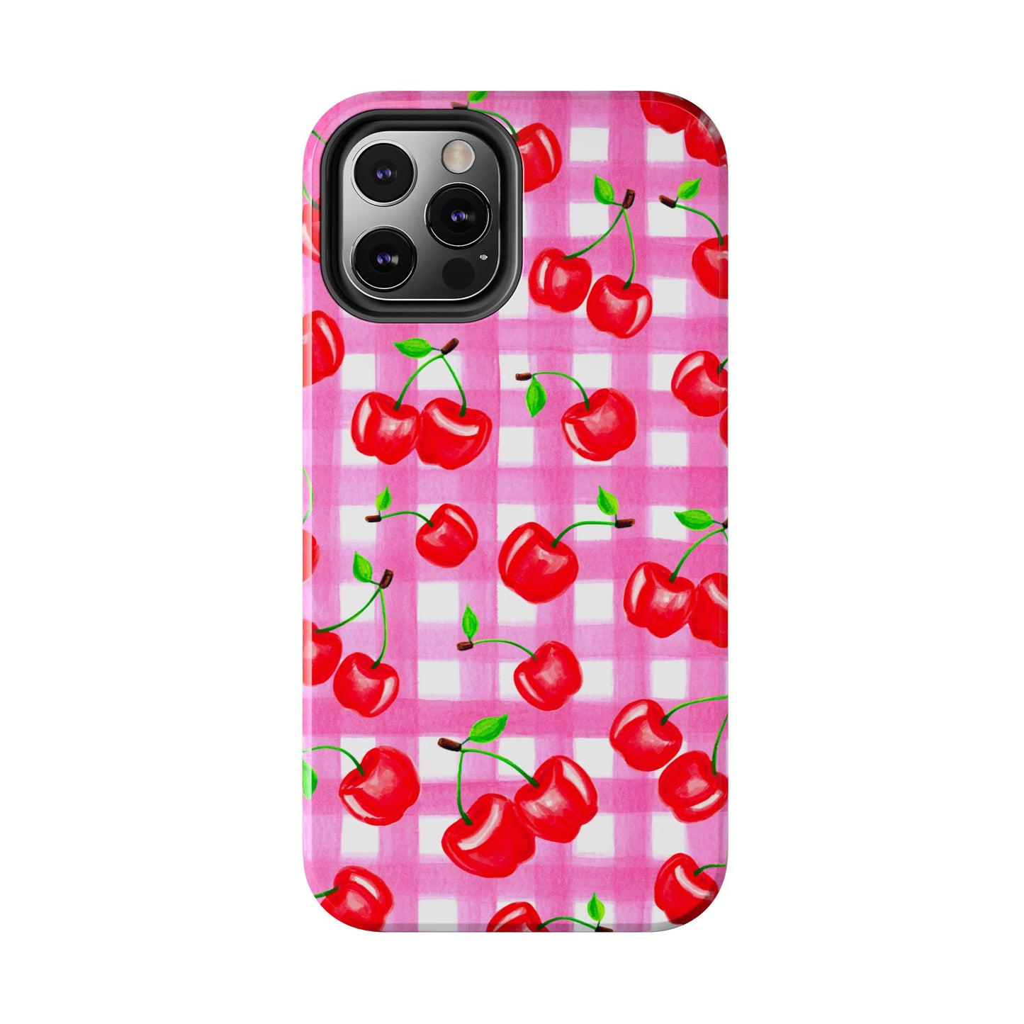 Tossed Red Watercolor Cherries Illustrated Pattern Light Pink Gingham Tough Phone Case | Various Models