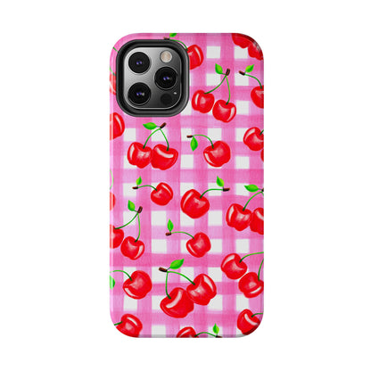 Tossed Red Watercolor Cherries Illustrated Pattern Light Pink Gingham Tough Phone Case | Various Models