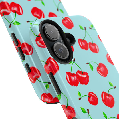 Tossed Red Watercolor Cherries Illustrated Pattern Bright Blue Tough Phone Case | Various Models