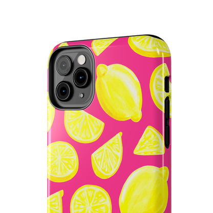 Bright Yellow Lemons Watercolor Illustrated Tossed Pattern Watermelon Pink Tough Phone Case | Various Models