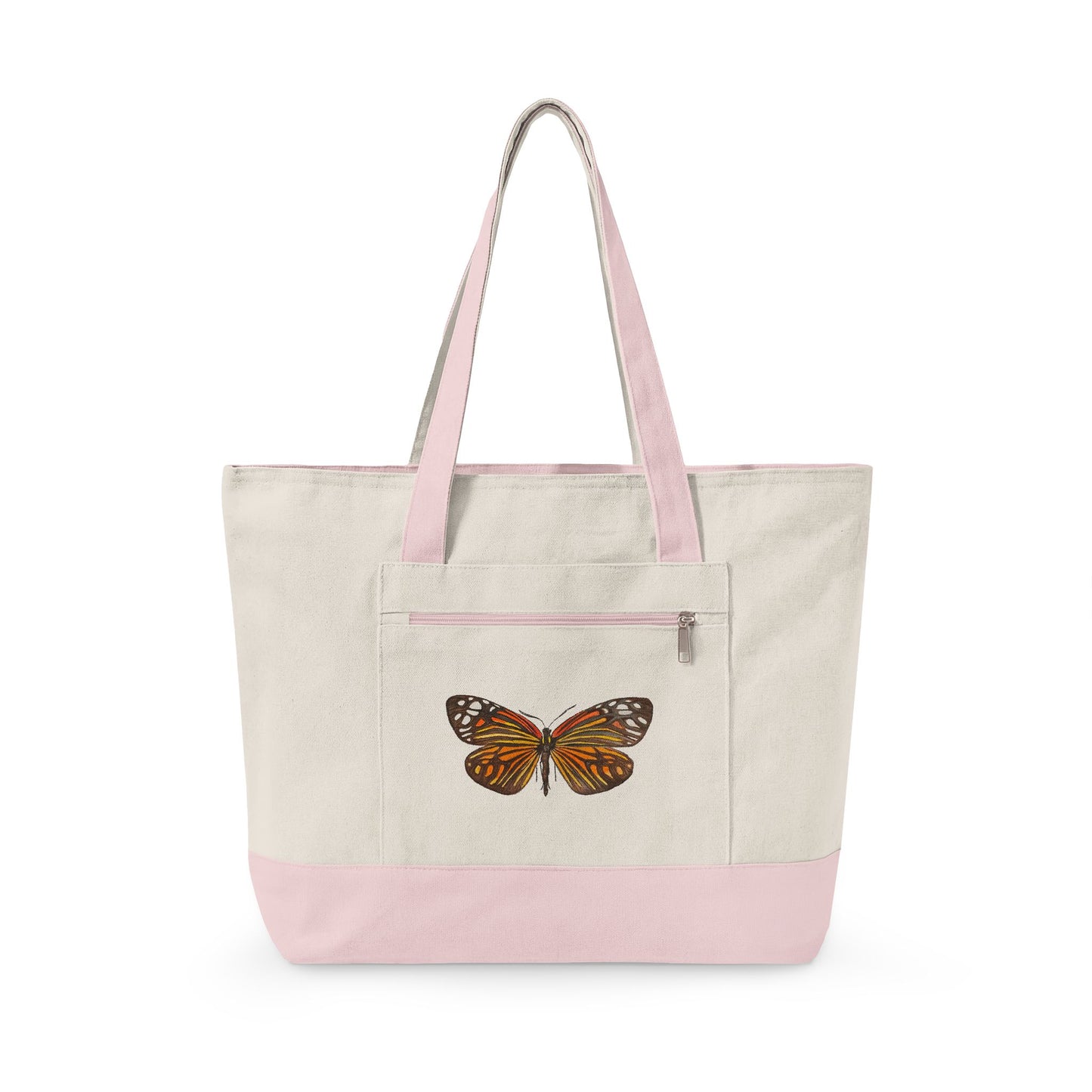 Orange & Black Watercolor Butterfly Printed Zippered Canvas Tote 18" x 14" | Various Colors 18" x 14" x 4.5" Natural Light Pink