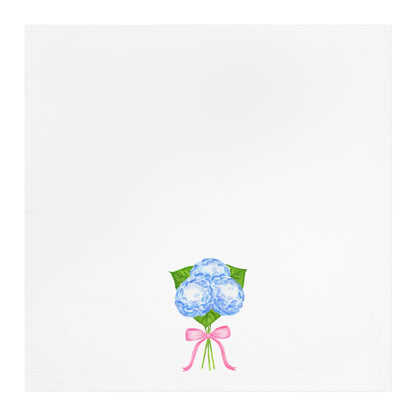 Tea Towel | Watercolor Blue Hydrangeas with Light Pink Bow Printed Illustration | Preppy Coastal Kitchen Decor Gifts
