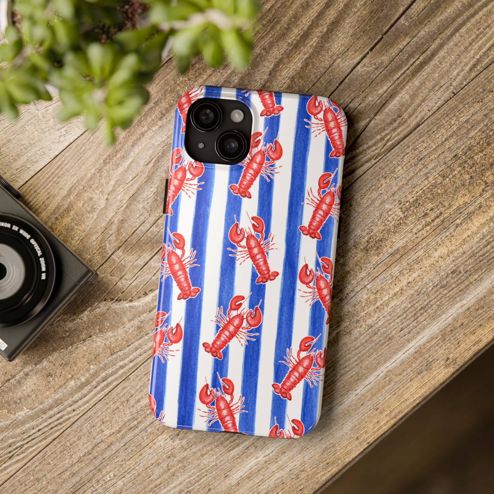 Blue & White Strip Red Lobster Watercolor Patterned Phone Case | Various Models