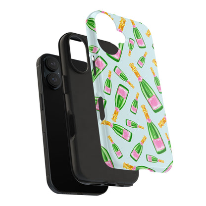 Tossed Pink and Green Watercolor Illustrated Champagne Bottles Pattern Light Blue Tough Phone Case | Various Models