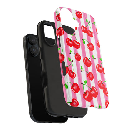 Tossed Red Watercolor Cherries Illustrated Pattern Light Pink Stripes Tough Phone Case | Various Models